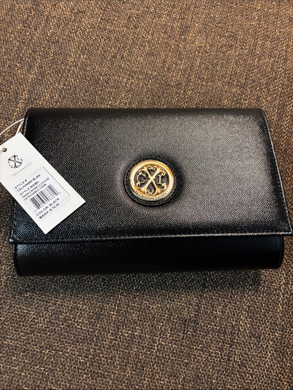 Christian Lacroix Black Leather Clutch with Gold Medallion